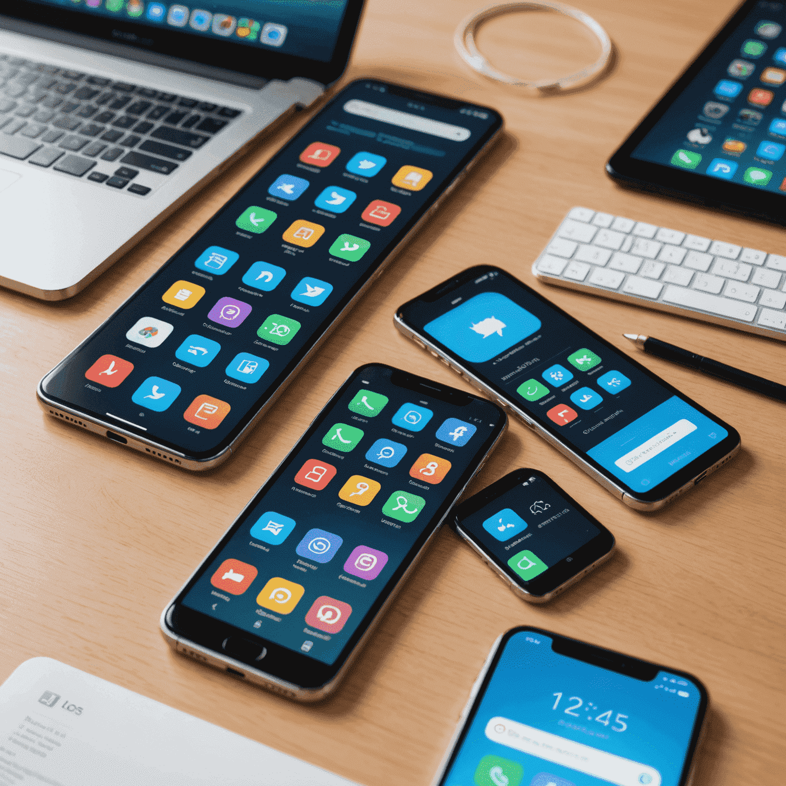 صورة توضيحية لتطوير تطبيقات الهواتف الذكية، تظهر شاشات متعددة لأجهزة iOS وAndroid مع رموز البرمجة في الخلفية