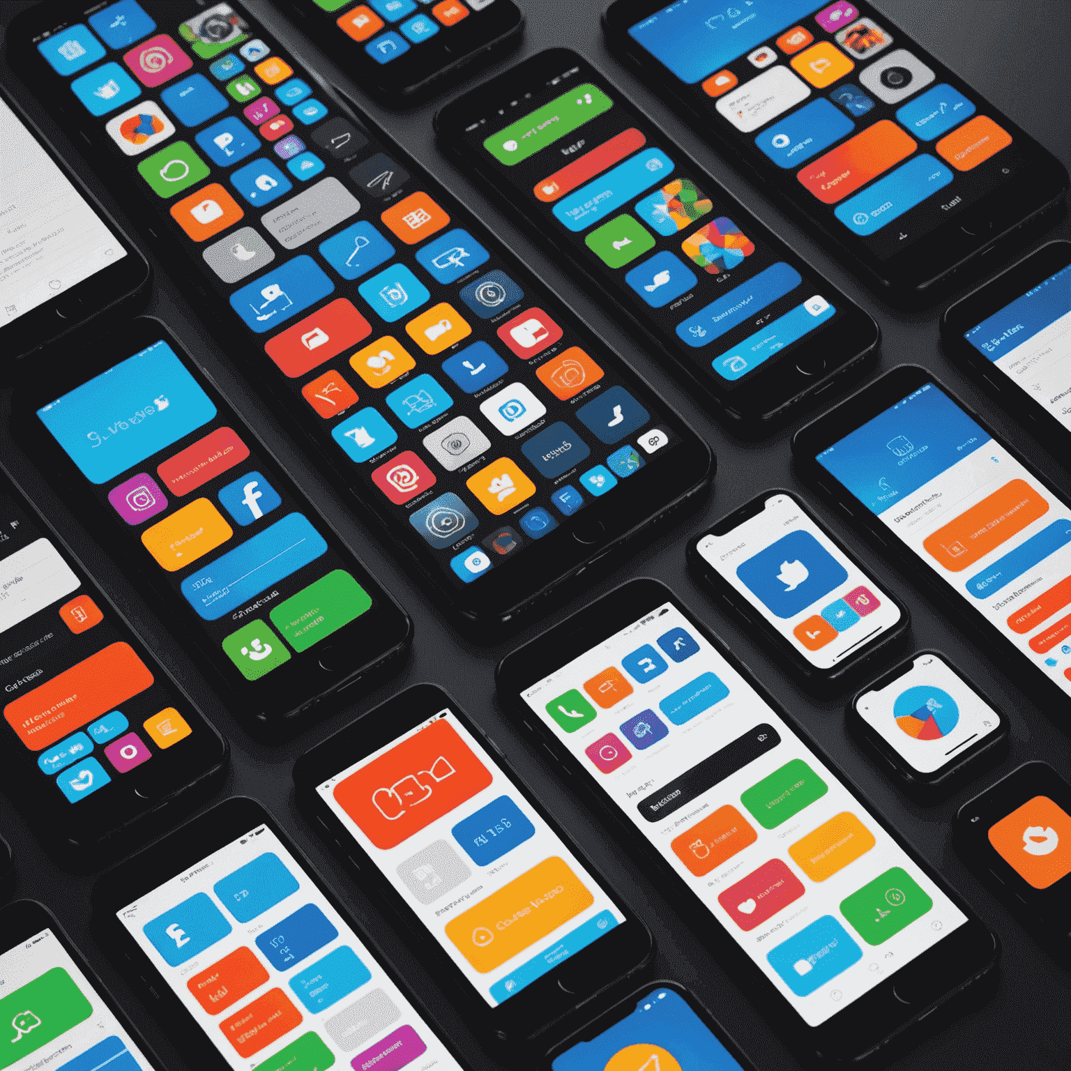 صورة توضيحية لتطوير تطبيقات الهواتف الذكية، تظهر شاشات متعددة لأجهزة iOS وAndroid مع واجهات مستخدم مختلفة ورموز تطبيقات