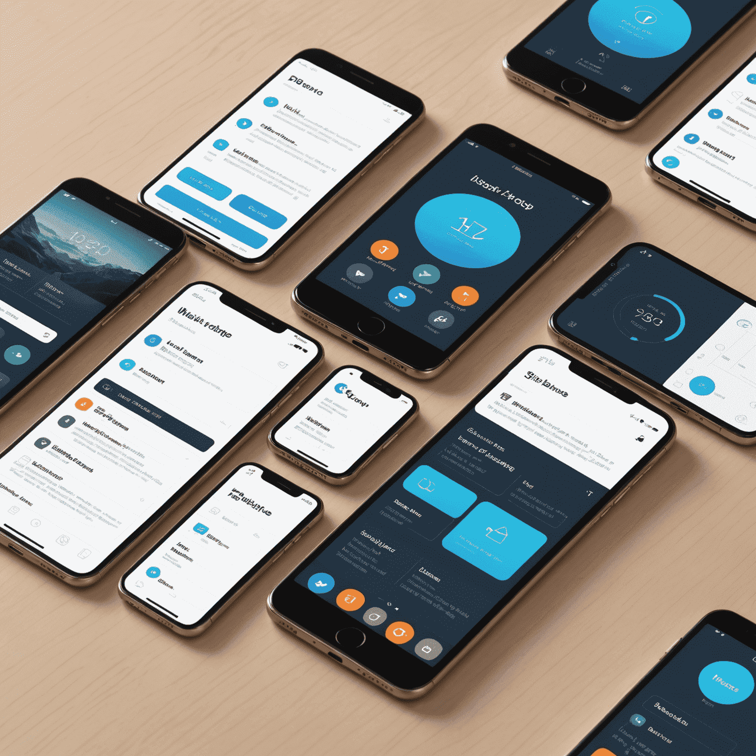 صورة توضيحية لتصميم واجهة المستخدم وتجربة المستخدم لتطبيقات الهاتف المحمول، تظهر شاشات متعددة لتطبيق محمول بتصميم أنيق وسلس