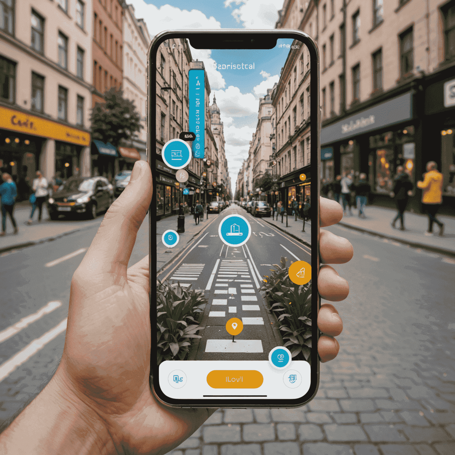 رسم توضيحي لتطبيق واقع معزز على هاتف ذكي، يعرض معلومات تفاعلية متراكبة على صورة للعالم الحقيقي